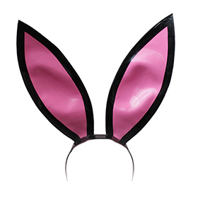 Atsuko Kudo Latex 12 inch Bunny Ears on Headband in supatex black and bubblegum pink
