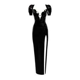 Atsuko Kudo Latex Double Tulip Cup Puff Sleeve Evening Dress in Supatex Black / Supatex White