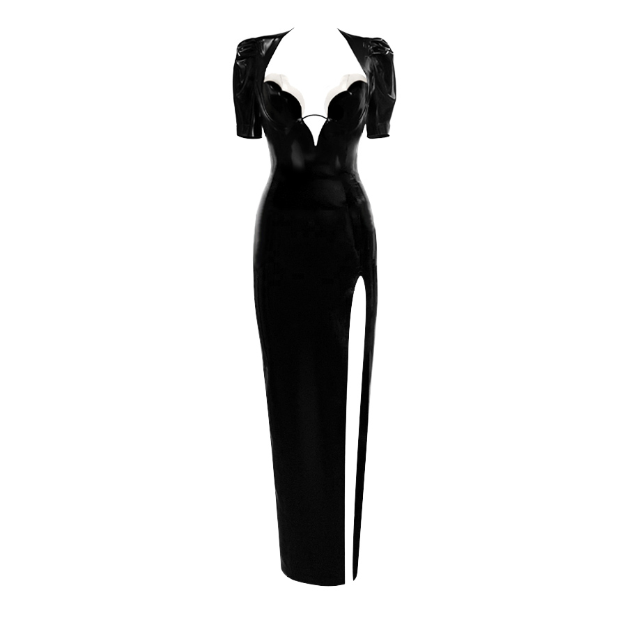 Atsuko Kudo Latex Double Tulip Cup Puff Sleeve Evening Dress in Supatex Black / Supatex White