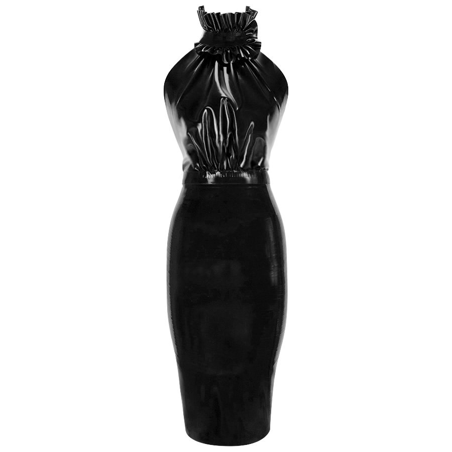 Atsuko Kudo Latex Drama Frill Pencil Dress in Supatex Black