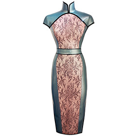 Atsuko Kudo Latex Restricted Cheongsam Dress w/ Belt in Pearlsheen Pale Blue and Semi-Trans Pink Lace