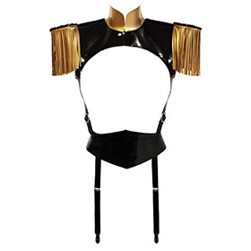 Atsuko Kudo Latex Restricted Epaulette Playsuit in Supatex Black and Antique Gold