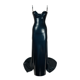 Atsuko Kudo Latex Restricted Scallop Cup Ball Gown in Metallic Black Petrol